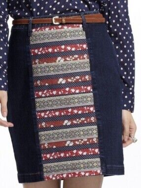 Anthropologie Denim Pencil Skirt with Red Patterned Front Panel